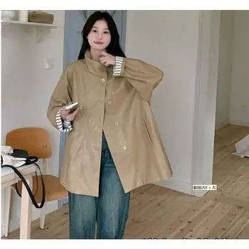 Куртка из искусственной кожи цвета хаки для женщин, повседневная кожаная ветровка средней длины в британском стиле для женщин S