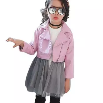 Куртка из искусственной кожи для девочек от 2 до 7 лет, короткая мотоциклетная кожаная куртка на диагональной молнии, платье, осеннее детское платье 90 розовый
