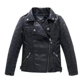 Куртка из искусственной кожи для мальчика и девочки – Куртка из искусственной кожи – весенне-осеннее детское байкерское пальто 100(3-4) чёрный