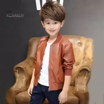 Куртка из искусственной кожи для мальчиков, осенне-зимняя толстая теплая плюшевая подкладка с v-образным вырезом, карманом на молнии и длинными рукавами, повседневное однотонное детское повседневное пальто 150CM чёрный