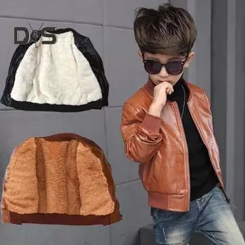 Куртка из искусственной кожи для мальчиков, осенне-зимняя толстая теплая плюшевая подкладка с v-образным вырезом, карманом на молнии и длинными рукавами, повседневное однотонное детское повседневное пальто 150CM чёрный