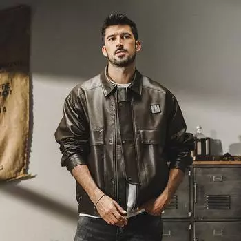 Куртка из искусственной кожи Jereno, мужская американская, тяжелая, свободная, повседневная, ретро-локомотивная кожаная куртка M кофейный