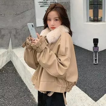 Куртка из искусственной кожи, куртка из искусственного меха, женская короткая зимняя новая бархатная утолщенная хлопковая куртка, кожаная куртка для мотоцикла S suggestion [70-50kg] хаки