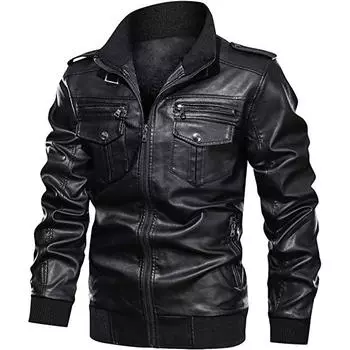 Куртка из искусственной кожи Мужская зимняя куртка из искусственной кожи Мужская повседневная куртка с воротником-стойкой Ветровка Мужская одежда черного цвета XXXL чёрный