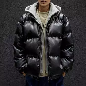 Куртка из искусственной кожи, повседневная дизайнерская куртка из двух частей, зимняя трендовая уличная куртка с воротником-стойкой, свободная толстая куртка M чёрный