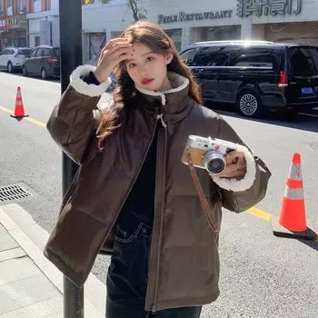 Куртка из искусственной кожи с искусственным мехом, хлопковое пальто, зимняя женская летняя маленькая свободная корейская версия, утолщенная теплая куртка S чёрный