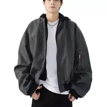 Куртка из искусственной кожи с капюшоном и двойной молнией, функциональная, с ветрозащитными карманами, свободный крой, деконструированная куртка для мужчин S серый