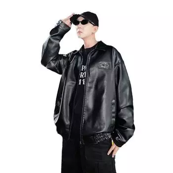 Куртка из искусственной кожи с лацканами, мужская осенняя новая свободная куртка для пар, мужская уличная повседневная красивая одежда для мотоциклистов S