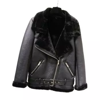 Куртка из искусственной кожи с меховым отворотом 2024 года, женская флисовая кожаная куртка, куртка-локомотив S чёрный