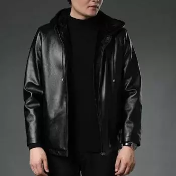 Куртка из искусственной кожи Wenzhou, мужская короткая кожаная куртка с капюшоном, деловая повседневная куртка для середины осени и зимы L