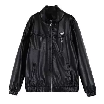 Куртка из искусственной кожи, женская осенняя одежда, повседневный ретро-воротник-стойка, кожаная куртка, короткий топ XXXXL