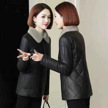 Куртка из искусственной кожи женская зимняя Haining имитация овчины пух хлопковая одежда короткая имитация норки воротник искусственный мех M чёрный