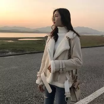 Куртка из искусственной оленьей кожи, искусственной овечьей шерсти, женская, новая мода, искусственный мех, интегрированный флис, утолщенная короткая, локомотивная одежда S чёрный