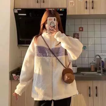 Куртка из искусственной овечьей шерсти для женщин на весну, осень и зиму, новый стиль, сращивание плюс утолщение из бархата, свободный и нежный, корейский стиль, ленивый стиль S