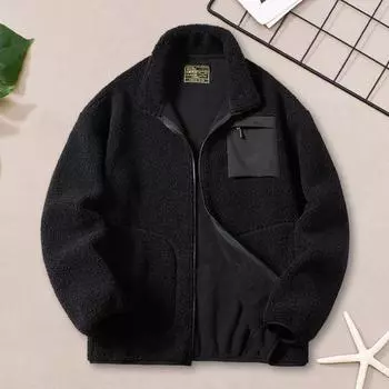 Куртка из искусственной овечьей шерсти, пальто, осень-зима, застежка-молния, воротник-стойка, длинная M чёрный
