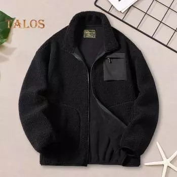 Куртка из искусственной овечьей шерсти, пальто, осень-зима, застежка-молния, воротник-стойка, длинный рукав, однотонное пальто с карманами M чёрный