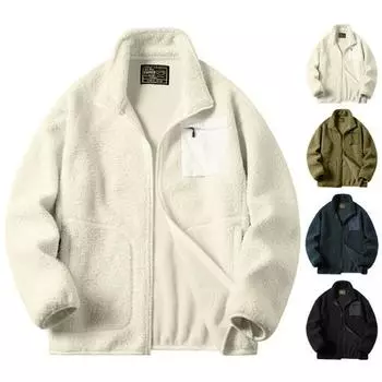 Куртка из искусственной овечьей шерсти, пальто, осень-зима, застежка-молния, воротник-стойка, длинный рукав, однотонное пальто с карманами M темно-синий