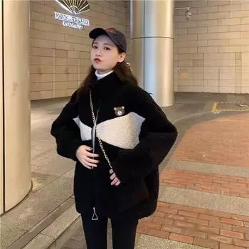 Куртка из искусственной овечьей шерсти с начесом и утолщенным хлопком, женская, зимняя, 2024 года, свободный воротник-стойка, теплое хлопковое пальто M серый