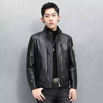 Куртка из коровьей кожи, модная мужская кожаная куртка на осень и зиму, воротник-стойка, модная меховая куртка L чёрный