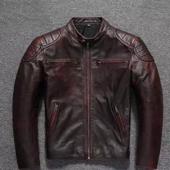 Куртка из коровьей кожи первого слоя, мужская кожаная куртка с воротником-стойкой, ретро-куртка из красной кожи S коричневый