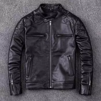 Куртка из коровьей кожи первого слоя, мужская короткая, тонкая, с воротником-стойкой, кожаная куртка большого размера S