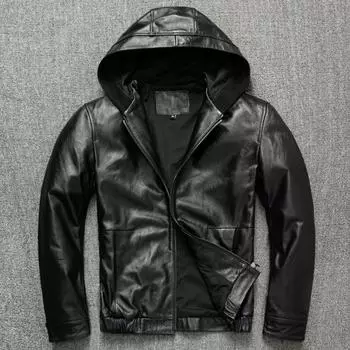 Куртка из коровьей кожи первого слоя, мужская кожаная куртка с капюшоном, повседневная куртка большого размера S чёрный