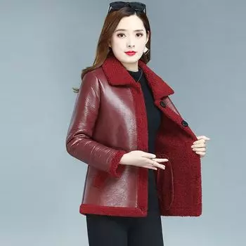 Куртка из кожи ягненка Young mother, женская, новая зимняя, большого размера, утолщенная, короткая, с мехом, с хлопковой подкладкой XL красный