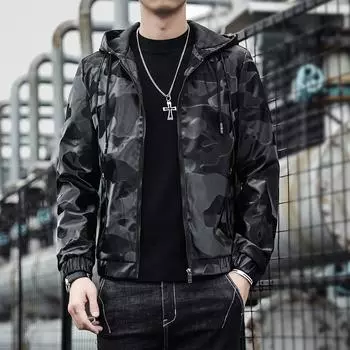 Куртка из кожи с капюшоном, мужская, осенняя, модная, камуфляжная, корейская версия, тонкая, из искусственной кожи, молодежная, модная, универсальная, верхняя часть M