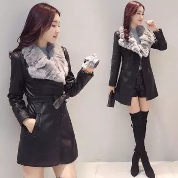 Куртка из кожи с меховой вставкой и утолщенным флисом, пальто средней и длинной длины M