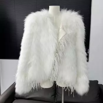 Куртка из меха енота женская новая легкая полоски из страусиной шерсти ремесло дизайнер короткая супер фея one size fits all белый