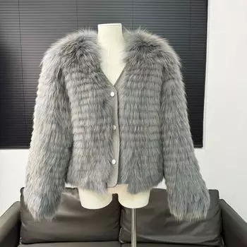~ Куртка из меха лисы, натуральный мех, отделка в стиле вагон-полос One Size