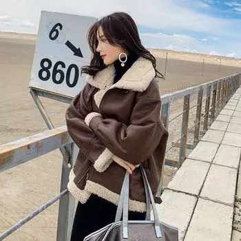 Куртка из меха ягненка, женская одежда, осень и зима, короткая мотоциклетная куртка, бархатная, корейская версия, свободная, маленькая, мужская S чёрный