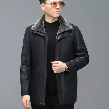 Куртка из натуральной кожи для мужчин среднего возраста из овчины средней длины, свободная утолщенная куртка из натуральной кожи, кожаная куртка M