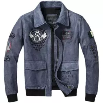Китайский размер, натуральная кожаная куртка для мужчин, настоящая воловья кожа, военный летный костюм A2, вышитые пилотские пальто, мужская авиационная одежда, осень S чёрный