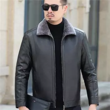 Куртка из натуральной кожи для мужчин, кожаная куртка для папы среднего возраста, мужская бархатная повседневная куртка из овчины, все в одном M