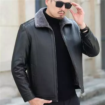 Куртка из натуральной кожи для мужчин, кожаная куртка для папы среднего возраста, мужская бархатная повседневная куртка из овчины, все в одном M