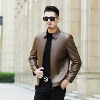 Куртка из натуральной кожи для мужчин среднего и пожилого возраста, куртка из овчины с лацканами на весну и осень, теплый наряд для папы M