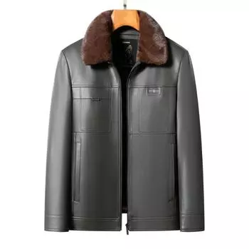 Куртка из натуральной кожи для мужчин, плюс бархат и утолщение, съемная подкладка, меховой воротник, кожаная куртка для людей среднего и пожилого возраста, куртка из овчины M