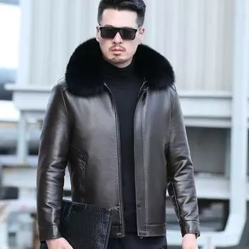Куртка из натуральной кожи для мужчин, куртка из овчины с утолщенным мехом, универсальная повседневная кожаная куртка для папы, мужская куртка из натуральной кожи M
