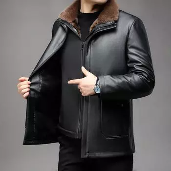 Куртка из натуральной кожи для папы с меховой отделкой из овчины, мужская флисовая куртка средней длины M