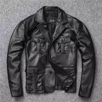 Куртка из натуральной кожи из козьей кожи, мужская тонкая куртка с лацканами S чёрный