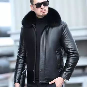 Куртка из натуральной кожи мужская из овчины с утолщенным мехом универсальная повседневная кожаная куртка для папы мужская куртка из натуральной кожи M