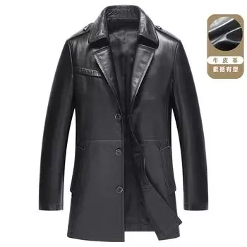 Куртка из натуральной кожи, мужская куртка из коровьей кожи, кожаная ветровка средней длины, кожаный воротник, куртка из кожи, модный стиль на осень и зиму L