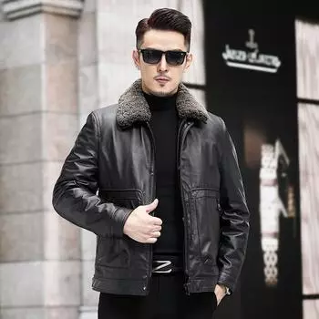 Куртка из натуральной кожи, Мужская куртка-пуховик из воловьей кожи с воротником из белого утиного пуха, зимняя кожаная куртка в деловом стиле с лацканами 5XL