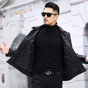 Куртка из натуральной кожи, мужская, первый слой, воловья кожа, отворот, пуховик, съемная, кожаная куртка для папы, натуральная кожа L