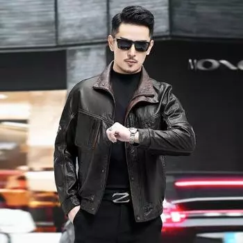 Куртка из натуральной кожи, мужская, первый слой, воловья кожа, масло, воск, стойка, лацкан, охотничья, свободная, короткая, средняя, зеленая, пальто Tide L чёрный