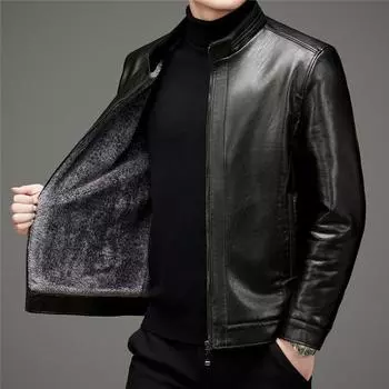 Куртка из натуральной кожи, мужская повседневная куртка средней длины из утолщенной овчины с лацканами, зимняя куртка M чёрный