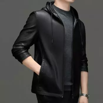 Куртка из натуральной кожи, новая мужская повседневная кожаная куртка, повседневная мотоциклетная куртка с капюшоном, осенний наряд папы среднего возраста M