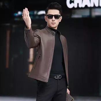 Куртка из натуральной кожи, осень, новая, однотонная, воротник-стойка, молния, куртка из овчины, повседневная куртка для мужчин среднего возраста, весна и осень L