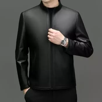 Куртка из натуральной кожи, осень, новая, однотонная, воротник-стойка, молния, куртка из овчины для людей среднего и пожилого возраста, весна 165